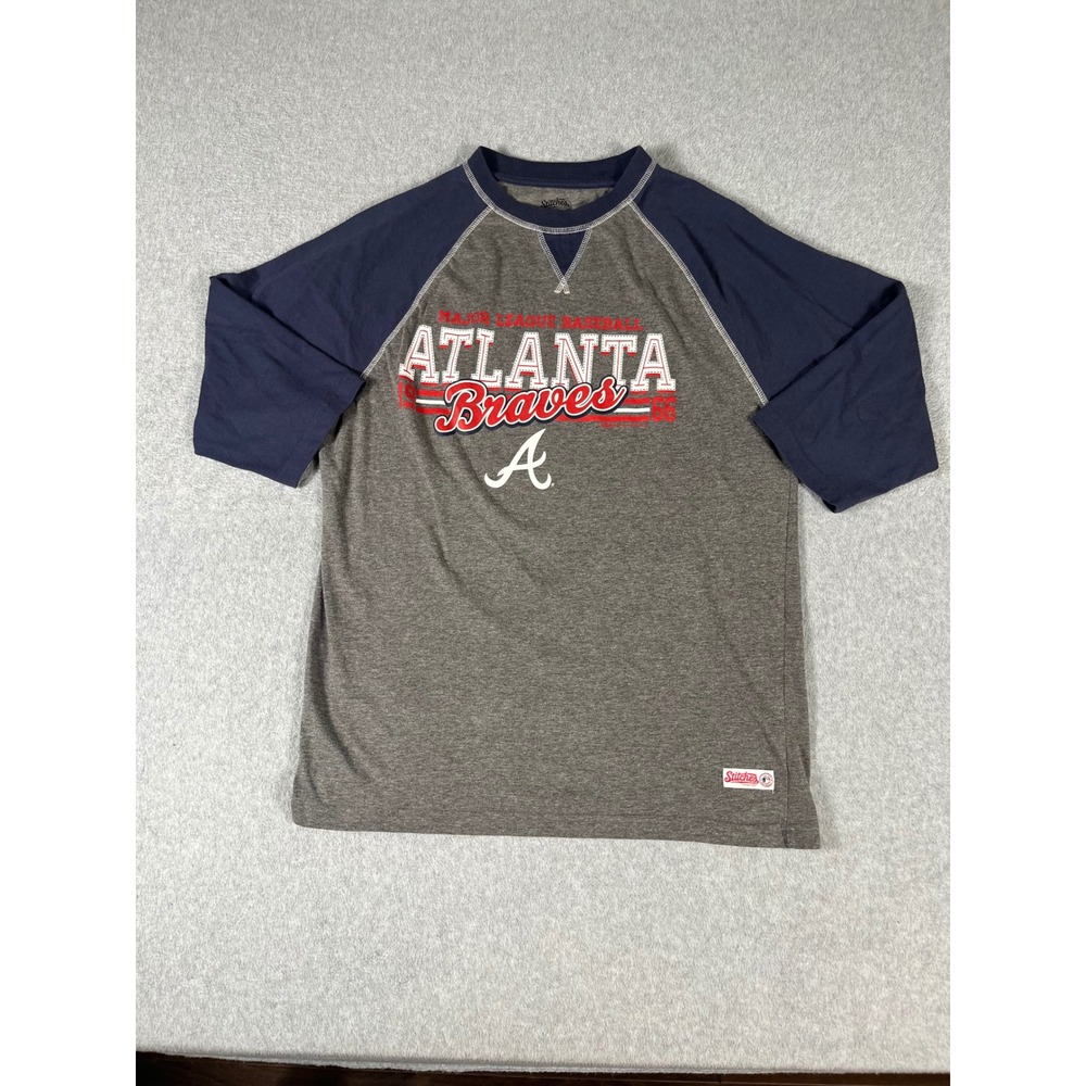 Stitches Atlanta Braves Baseball Raglan Shirt Mens Large Grey Navy 3/4 Sleeve